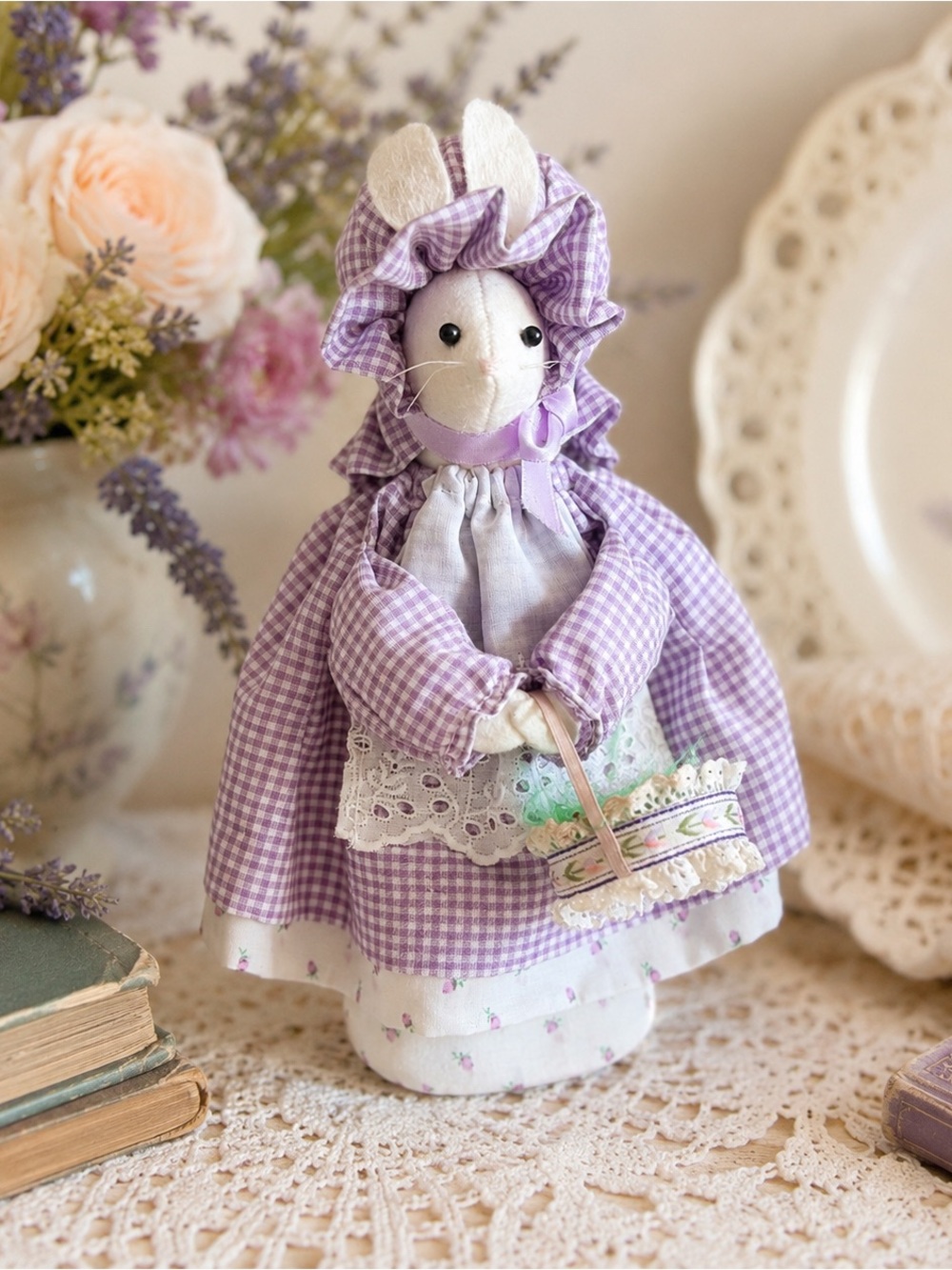 Handmade vintage Lavender Gingham Bunny Doll with Apron
